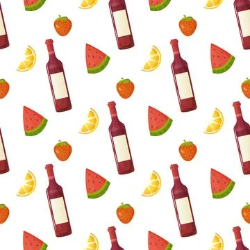 Seamless pattern, different products, food. fish, pepper, tomato, watermelo.. Stock Illustration