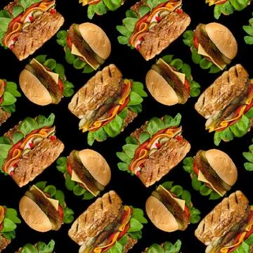 Seamless pattern of different sandwiches on a black square background. Selective 스톡 사진