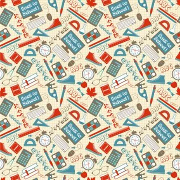 Seamless pattern with different school supplies cage background. Decoration Stock Illustration