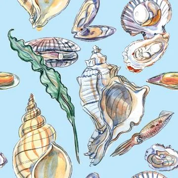 Seamless pattern of different shells, mollusk, seaweed, watercolor illustrati 스톡 일러스트