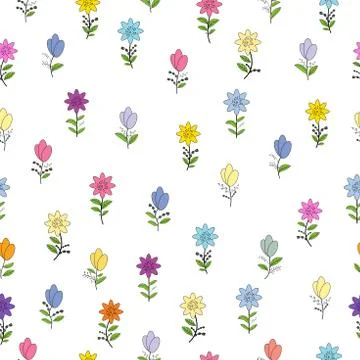Seamless pattern with different spring flowers. Isolated elements. Illustrazione stock