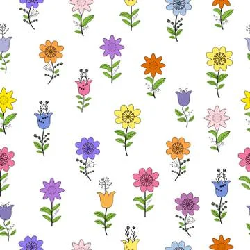 Seamless pattern with different spring flowers. Isolated on white background. Stock Illustration