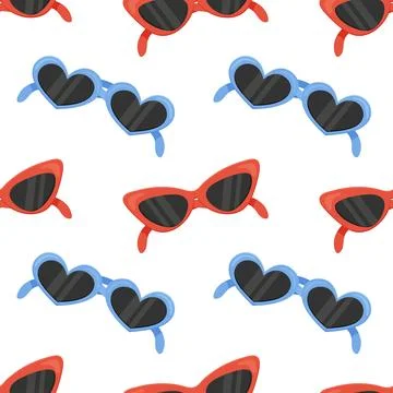 Seamless pattern, different sunglasses, heart shaped red and blue, vector. .. Stock Illustration