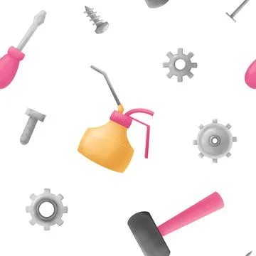 Seamless pattern with different tools. Hammer, screws, screwdriver and oiler  Stock Illustration