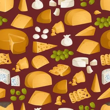 Seamless pattern of different types of cheeses and fruits. Appetizers, snac.. Stock Illustration