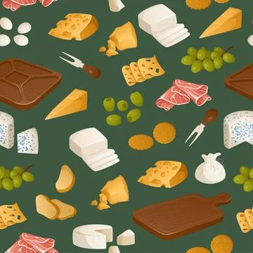 Seamless pattern of different types of cheeses and fruits. Appetizers, snac.. Stock Illustration