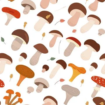 Seamless pattern with different types of forest mushrooms, flat cartoon vector Stock Illustration