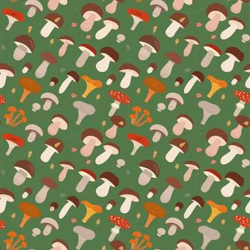 Seamless pattern with different types of forest mushrooms. Flat cartoon vector Stock Illustration