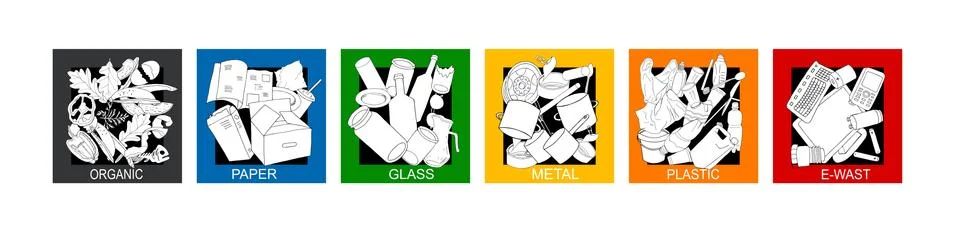 Seamless pattern with different types of garbage. Vector collection of trash. Stock Illustration