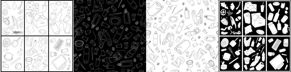 Seamless pattern with different types of garbage. Vector collection of trash. Stock Illustration