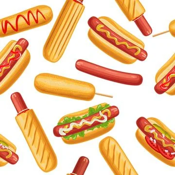 Seamless pattern different types hotdog and corndog. Vector color icon イラスト素材