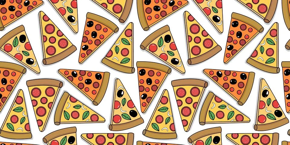 Seamless pattern of different types of pizza slices on a white background for we Stock Illustration