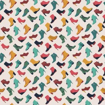 Seamless pattern with different types of shoes in flat style. Stock Illustration