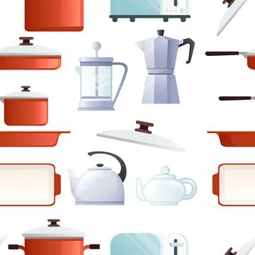 Seamless pattern of different types teapots electric coffee ceramic and metal Stock Illustration