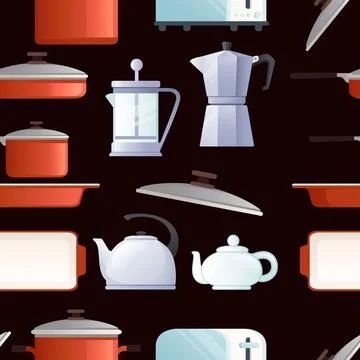 Seamless pattern of different types teapots electric coffee ceramic and metal Stock Illustration