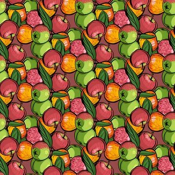 Seamless pattern. Different varieties of apples with leaves on a pink background Stock Illustration