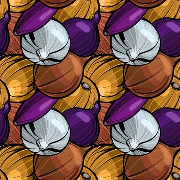 Seamless pattern. Different varieties of onion plants root vegetable. Stock Illustration