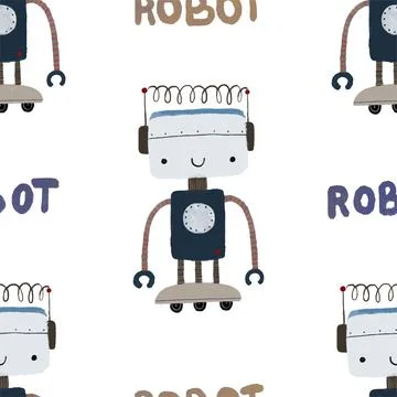 Seamless pattern with different vintage robots. Hand painted illustration. .. Stock Illustration