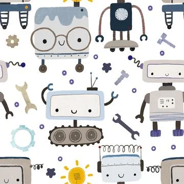 Seamless pattern with different vintage robots. Hand painted illustration. .. Stock Illustration