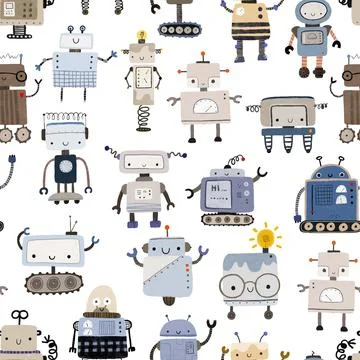 Seamless pattern with different vintage robots. Hand painted illustration. .. Stock Illustration
