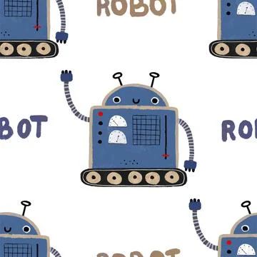 Seamless pattern with different vintage robots. Hand painted illustration. .. Stock Illustration