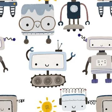 Seamless pattern with different vintage robots. Hand painted illustration. .. Stock Illustration