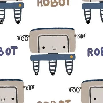 Seamless pattern with different vintage robots. Hand painted illustration. .. Stock Illustration