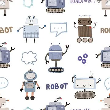 Seamless pattern with different vintage robots. Hand painted illustration. .. Stock Illustration