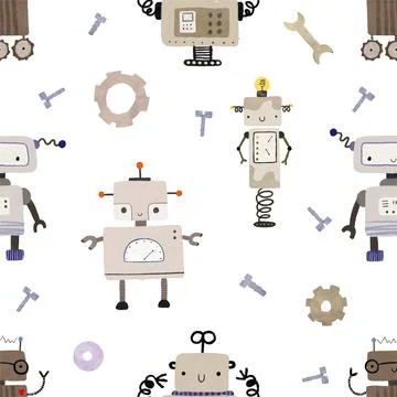 Seamless pattern with different vintage robots. Hand painted illustration. .. Stock Illustration