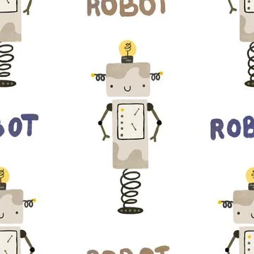 Seamless pattern with different vintage robots. Hand painted illustration. .. Stock Illustration