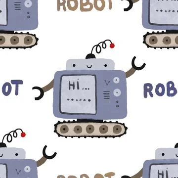 Seamless pattern with different vintage robots. Hand painted illustration. .. Stock Illustration