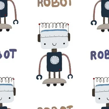 Seamless pattern with different vintage robots. Hand painted illustration. .. Stock Illustration