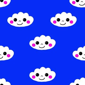 Seamless pattern of digital hand drawn cloud with smiling face and rosy cheeks Stock Illustration