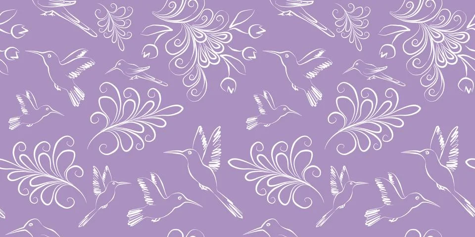 Seamless pattern digital paper textile packaging. white line art bird and floral 스톡 일러스트