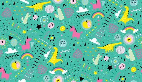 Seamless pattern with dinosaur unicorn and rainbow Stock Illustration