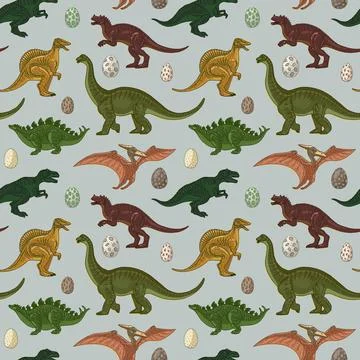 Seamless pattern. Dinosaurs and eggs. Vintage retro style. Vector illustration Stock Illustration