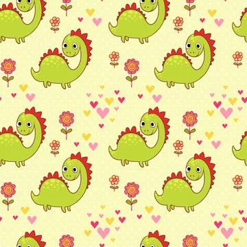 Seamless pattern with dinosaurs in cartoon vector. Stock Illustration