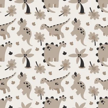 Seamless pattern with dinosaurs. Cute childrens beige background design 스톡 일러스트