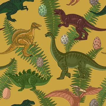 Seamless pattern. Dinosaurs with eggs and leaves. Vintage retro style in mustard Stock Illustration