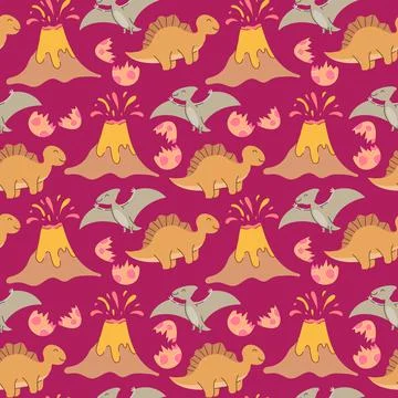 Seamless pattern with dinosaurs, palms and volcanoes Vector Illustration Stock Illustration