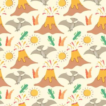 Seamless pattern with dinosaurs, palms and volcanoes. Perfect for kids fabric Illustration