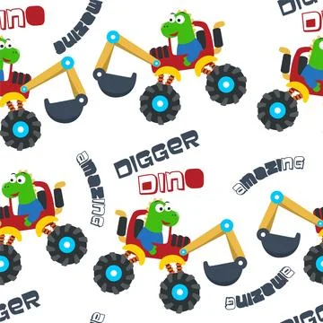 Seamless pattern of dinosaurs riding contruction vehicle with cartoon style Stock Illustration