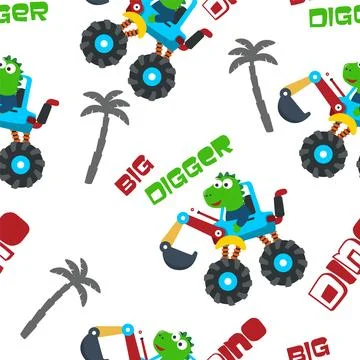 Seamless pattern of dinosaurs riding contruction vehicle with cartoon style Stock Illustration