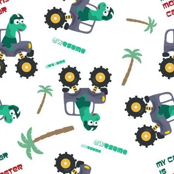 Seamless pattern of dinosaurs riding monster truck with cartoon style. Stock Illustration