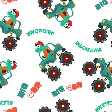Seamless pattern of dinosaurs riding monster truck with cartoon style. Stock Illustration