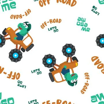 Seamless pattern of dinosaurs riding monster truck with cartoon style. Stock Illustration