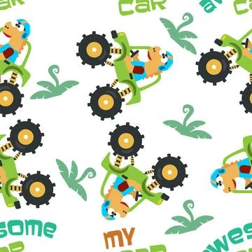 Seamless pattern of dinosaurs riding monster truck with cartoon style. Stock Illustration
