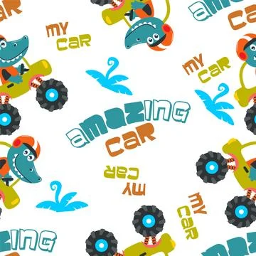 Seamless pattern of dinosaurs riding monster truck with cartoon style. Stock Illustration