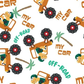 Seamless pattern of dinosaurs riding monster truck with cartoon style. Stockillustratie