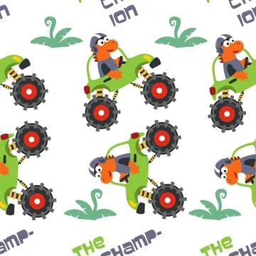 Seamless pattern of dinosaurs riding monster truck with cartoon style. Stock Illustration